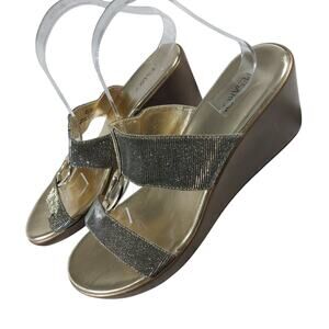 PESARO! "SUSAN" GOLD & BLACK MESH DUAL STRAP/T STRAP GOLD HARDWARE HEELS! SZ 11M